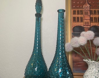 Set of 2 Mid-century 1960s Blue Genie Hobnail Glass Decanters with Stoppers