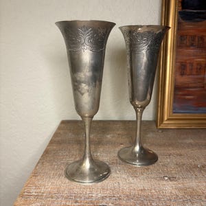 Vintage Set of 2 Silver-Plated Champagne Toasting Flutes with Floral Engravings, Silver Drinking Glasses