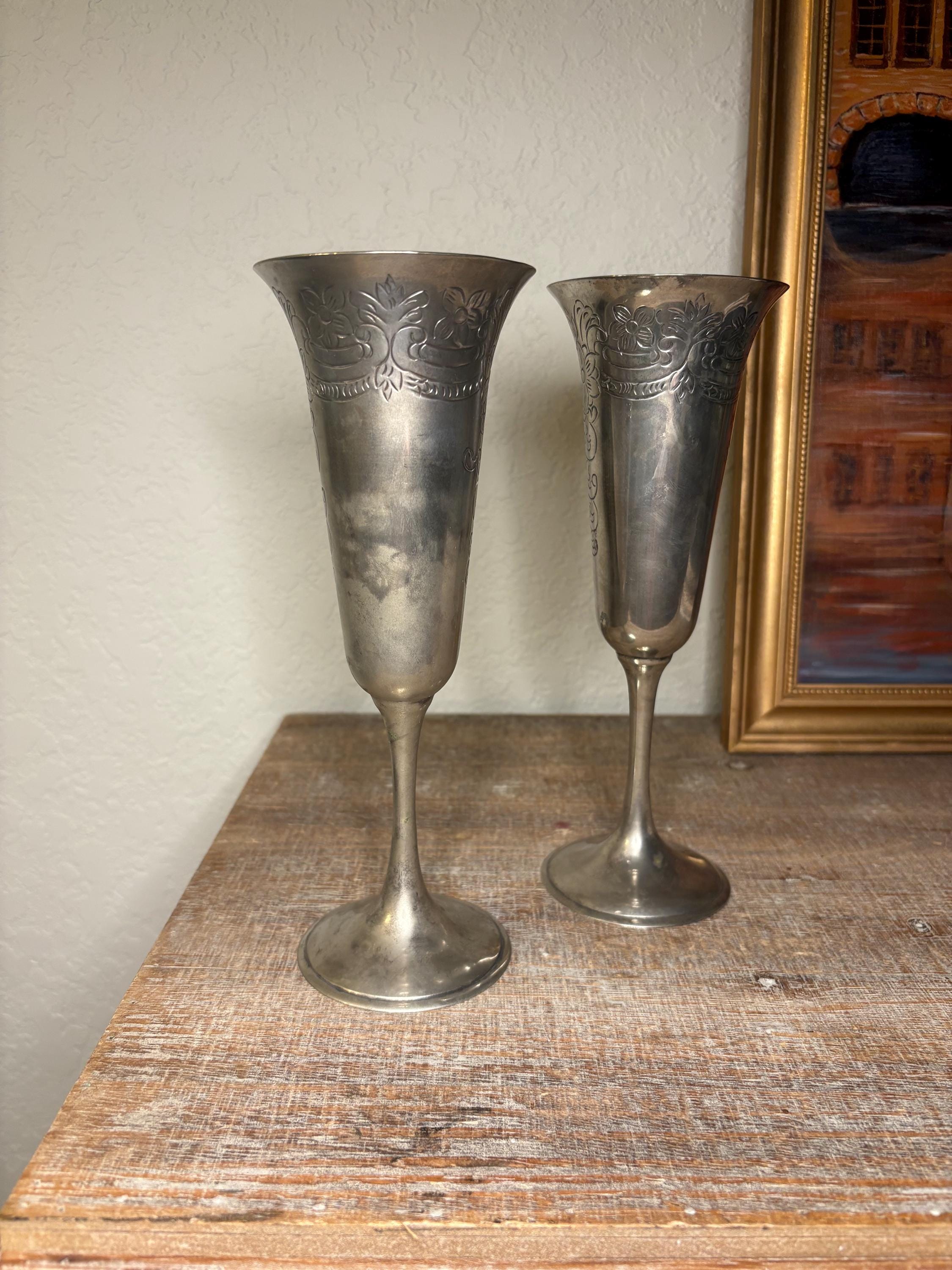 Vintage Set of 2 Silver-Plated Champagne Toasting Flutes with Floral Engravings, Silver Drinking Glasses