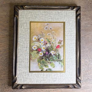 Vintage Floral Gold Framed Lithograph with Double Matting, Cottagecore Floral Vintage Wall Decor