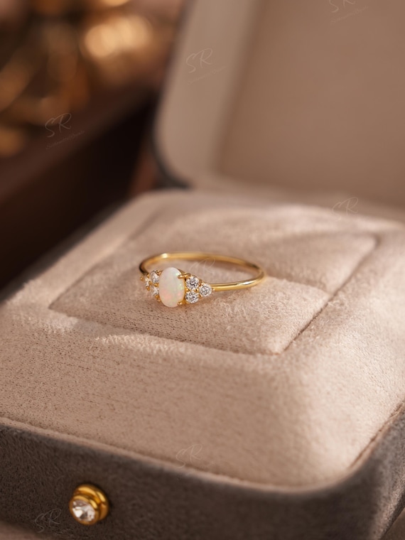 14K Gold Plated Opal Ring: S925 Silver Band, Zirconia Accents