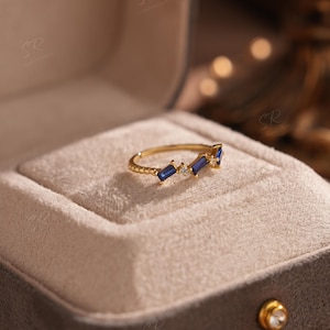 Baguette & Round Zirconia Gold Ring, 14K Gold-Plated S925 Silver, Elegant Sapphire-Inspired Jewelry, Customizable Gift for Her