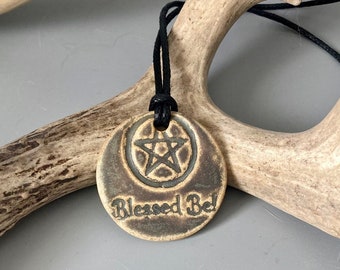 Blessed Be Pendant, Ceramic Pendant, Pottery, Wiccan, Pagan Jewelry, Pagan Art, pentagram, Brown/Green