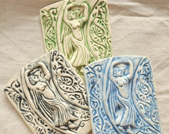 Alpena, Goddess of Flowers - Bas Relief Tile - Green, Black or Blue Wash on White Stoneware - Nature Goddess, Italy, Historical Artifact