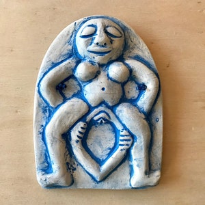 Sheela Na Gig Wall Plaque, Pagan Irish Fertility Nude Figure in Childbirth, Pagan Art, Wall Tile, Nude, Historical Art Blue Wash