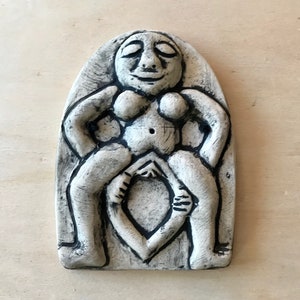 Sheela Na Gig Wall Plaque, Pagan Irish Fertility Nude Figure in Childbirth, Pagan Art, Wall Tile, Nude, Historical Art Black Wash