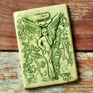 Ancestral Spirit Wall Tile Plaque Green, Blue or Gold Wash On White Stoneware Earthy Home Decor Wall Hanging, Pagan Art, Faery, Angel image 2