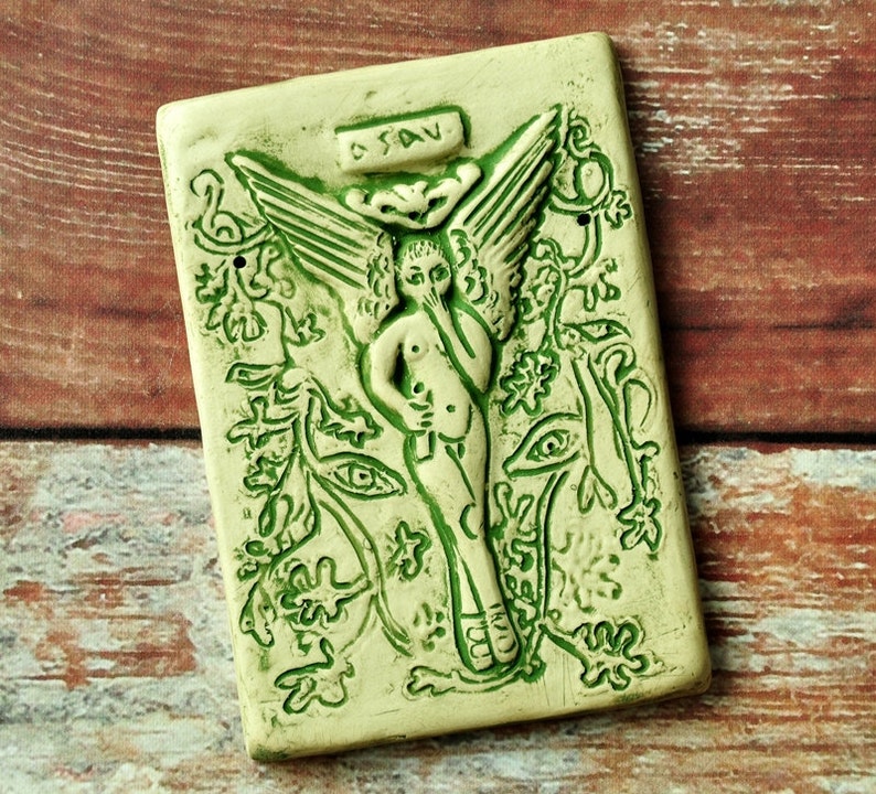 Ancestral Spirit Wall Tile Plaque Green, Blue or Gold Wash On White Stoneware Earthy Home Decor Wall Hanging, Pagan Art, Faery, Angel image 2