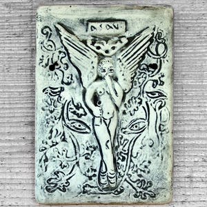 Ancestral Spirit Wall Tile Plaque Green, Blue or Gold Wash On White Stoneware Earthy Home Decor Wall Hanging, Pagan Art, Faery, Angel image 3