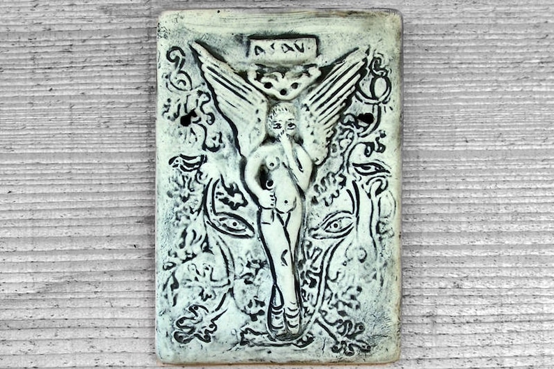 Ancestral Spirit Wall Tile Plaque Green, Blue or Gold Wash On White Stoneware Earthy Home Decor Wall Hanging, Pagan Art, Faery, Angel image 3