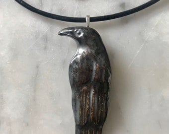 Raven Pendant, Amulet, Metallic Black, Crow, Blackbird, Statement Necklace, Pagan Jewelry, Goth, Dark, Corvid