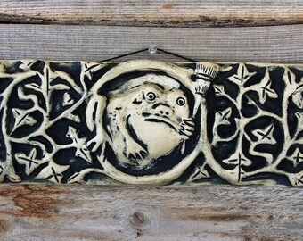 Frog with Broom Stick Pagan Art  Reproduction - Green Wash Over White Stoneware - Wall Hanging/Plaque/Ceramic Tile