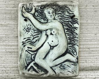 Aradia Bas Relief Tile, Stoneware Wall Hanging Plaque/Tile Pagan Art Reproduction, Goddess Art, Archaic, Primitive Home Decor