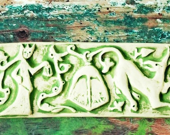 Spirit Holding Lantern with Animal Figure and Magickal Bell - Pagan Art  Reproduction - Green Wash - Wall Hanging/Plaque/Ceramic Tile
