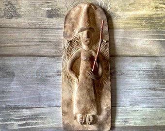 Witch Wall Plaque, Tile, Witch Art, Kitchen Witch, Good Luck Charm, Bas Relief Wall Plaque, Pit Fired Sculpture, Witch Holding Wand