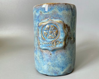 Blessed Be Pentagram, Tankard Style Tall Mug, Handmade Pottery, Blue Mug, Pagan, Unisex Gift