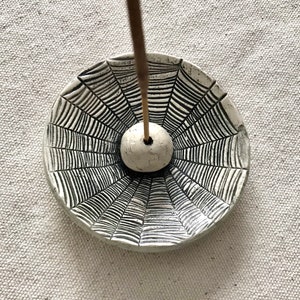 Black and White, Spider Web Design, Stoneware, Round Ceramic Incense Holder, Incense Burner, Handmade
