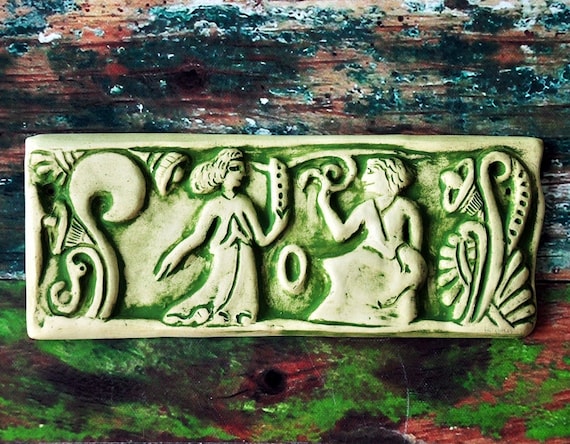 Two Women in Garden - Pagan Art  Reproduction - Etruscan - Made to Order with Custom Colors - Wall Hanging/Plaque/Ceramic Tile