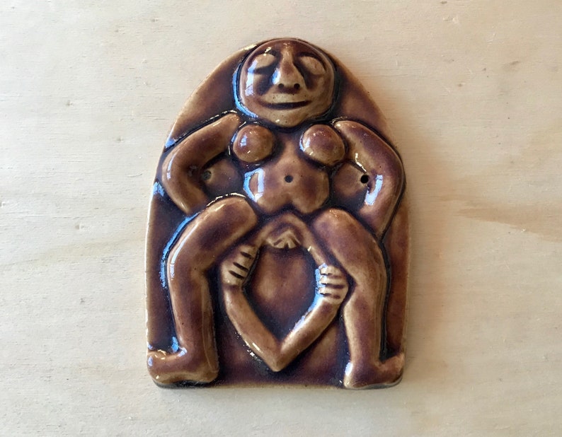 Sheela Na Gig Wall Plaque, Pagan Irish Fertility Nude Figure in Childbirth, Pagan Art, Wall Tile, Nude, Historical Art Amethyst-Brown Glz