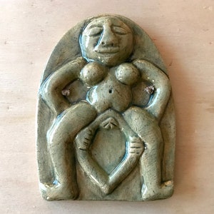 Sheela Na Gig Wall Plaque, Pagan Irish Fertility Nude Figure in Childbirth, Pagan Art, Wall Tile, Nude, Historical Art Celadon Green