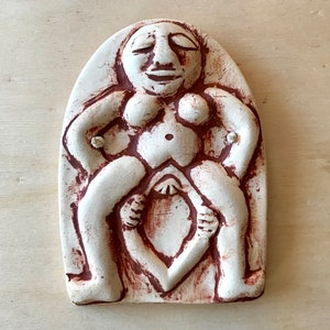 Sheela Na Gig Wall Plaque, Pagan Irish Fertility Nude Figure in Childbirth, Pagan Art, Wall Tile, Nude, Historical Art Rust Wash