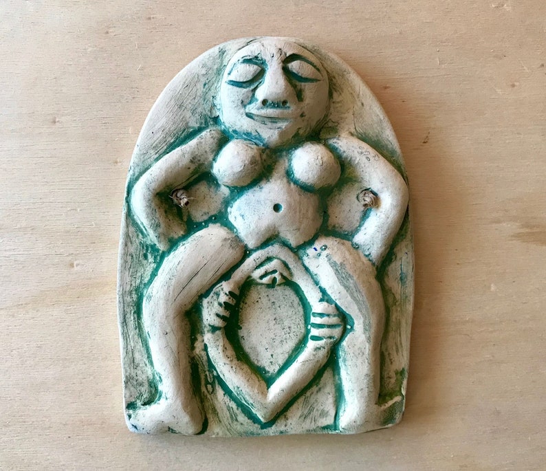 Sheela Na Gig Wall Plaque, Pagan Irish Fertility Nude Figure in Childbirth, Pagan Art, Wall Tile, Nude, Historical Art Green Wash