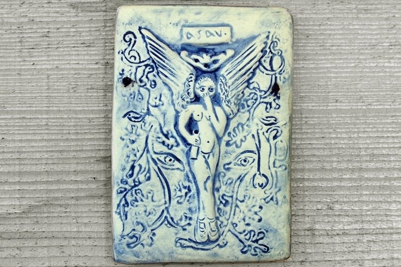 Ancestral Spirit Wall Tile Plaque Green, Blue or Gold Wash On White Stoneware Earthy Home Decor Wall Hanging, Pagan Art, Faery, Angel image 1
