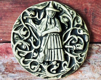 Tuscan Witch Round Tile, Witch With Broom, Vines, Carved Bas Relief Wall Plaque, Dark Green, Green Wash, Black Wash, or Custom (See Listing)