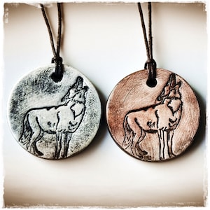 Hand painted ceramic wolf pendant, totem jewelry, howling wolf, canine, wilderness - custom colors