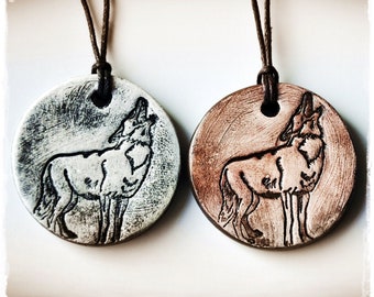 Hand painted ceramic wolf pendant, totem jewelry, howling wolf, canine, wilderness - custom colors
