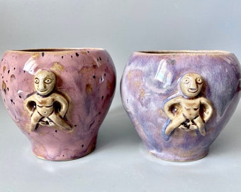 Sheela Na Gig Mug, Coil BuiltMug, Handmade Pottery, Stoneware, Purple or Plum, Pagan, Gift for Her