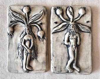 Male and Female Mandrake Root Plaque Set Green, Black or Blue Wash, Rustic Pottery, Pagan Home Decor