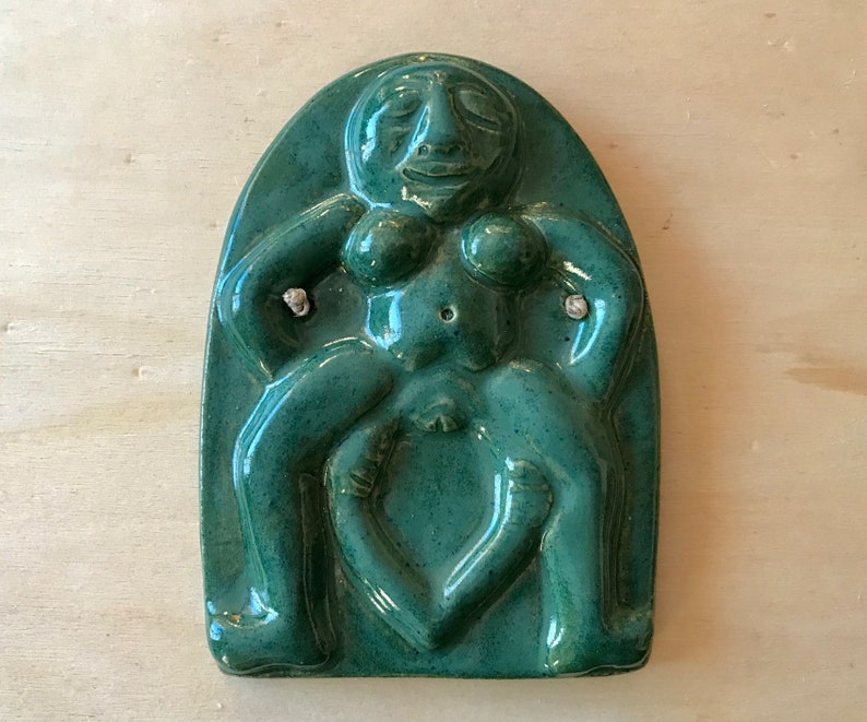 Sheela Na Gig Wall Plaque, Pagan Irish Fertility Nude Figure in Childbirth, Pagan Art, Wall Tile, Nude, Historical Art Dark Green