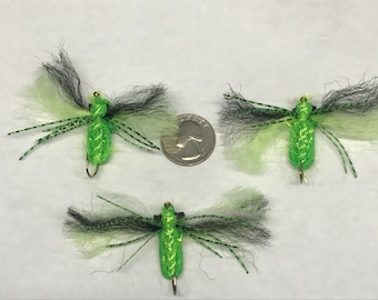 Può includere: Tre esche da pesca a mosca verdi e nere con piume bianche e nere. Le esche sono grandi circa come una moneta da 20 centesimi di euro.