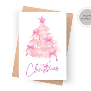 Cartão de Natal Coquette, Cartão de Natal com Laço Rosa, Cartão de Natal para Imprimir, Cartão de Árvore de Natal Rosa, Cartão de Feliz Natal, Download Digital