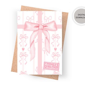 Kokette Weihnachtskarte, Feiertagskarte der rosa Schleife, druckbare Weihnachtskarte, rosa Geschenk Weihnachtskarte, frohe Weihnachtskarte, digitaler Download