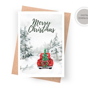 Red Truck Holiday Card, Cute Holiday Card, Red Truck Christmas Card, Printable Christmas Card, Vintage Christmas Card, Merry Christmas Card