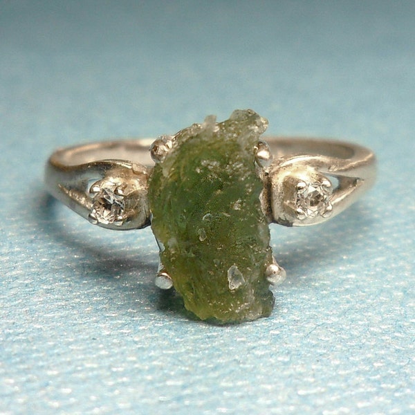 Moldavite Ring in Sterling Silver White Topaz - Size 9