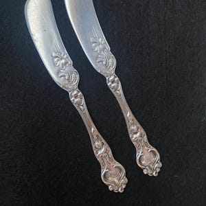 May include: Two silver-toned butter knives featuring an ornate floral relief pattern along the handles and the base of the blades. The metal surfaces exhibit a polished finish with intricate embossed detailing and a monogram at the handle ends.