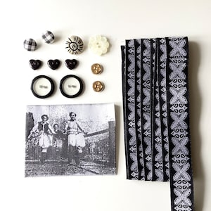 kit de couture, accessoires de couture, ruban noir, surplus d'atelier, mercerie, ruban, boutons, écusson, vespa, cadeau couture, art