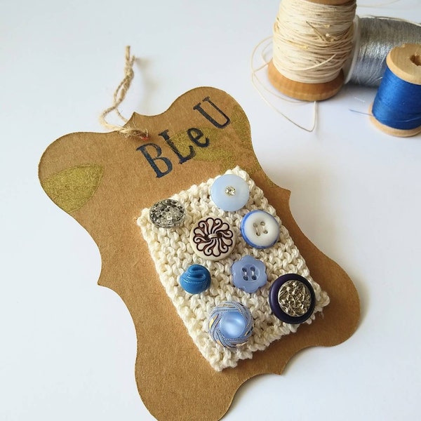 Buttons card, decorative card, vintage buttons, sew, Bijoux tricot, blue, couture, mural poetry, home decor, decoration, greetings card