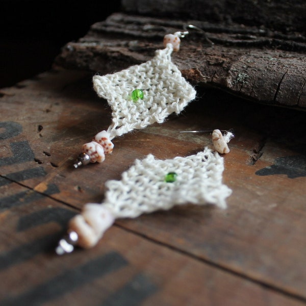 Boucles d'oreilles, tricot, Bijoux Tricot, blanc, coquillages, pour femmes, mariage,  chanvre, unique, bohême