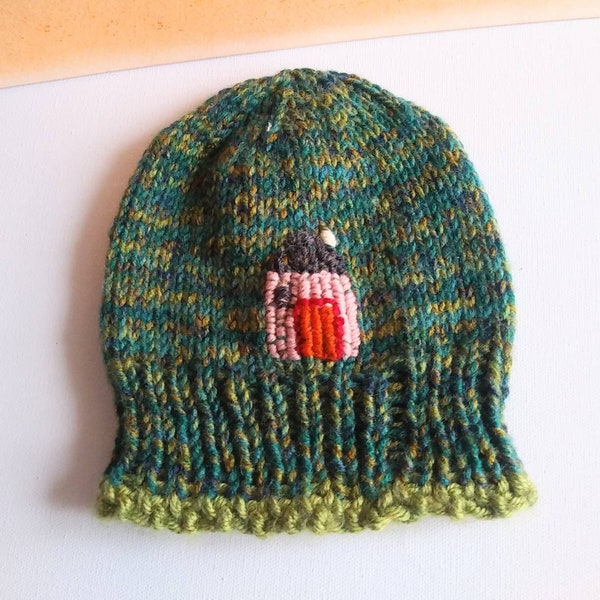 Beanie, Little house, baby girl, Bijoux Tricot, handknit, house, tuque, kids, green, embrodery, made in Québec