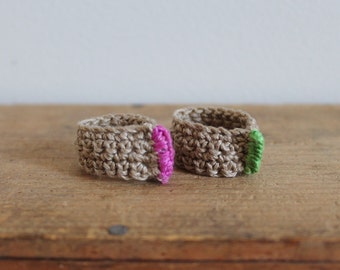 Rings, friendship, 2 rings, best friends, beige, green, pink, gift for girls, summer jewel, Bijoux tricot, crochet, cotton, washable, art