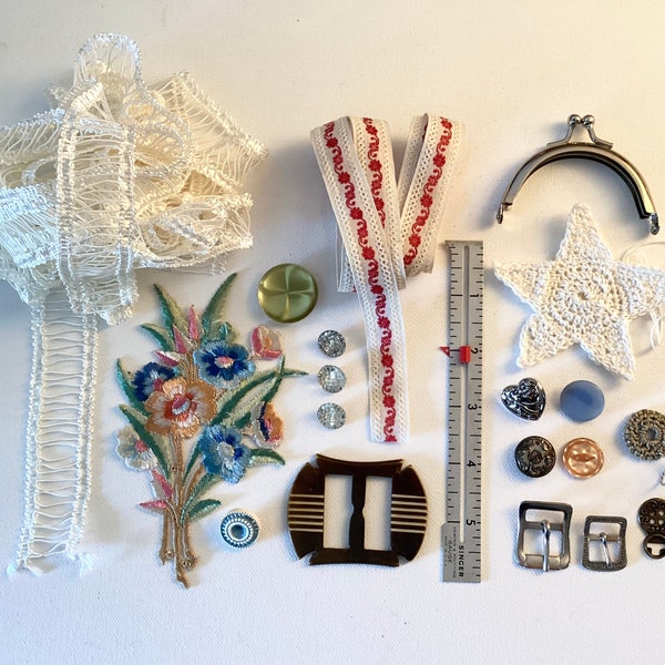 creative kit, sewing kit, vintage ribbon, crocheted star, buttons, lace ribbon, ribbon, craft accessories, metal frame purse, belt, fabric