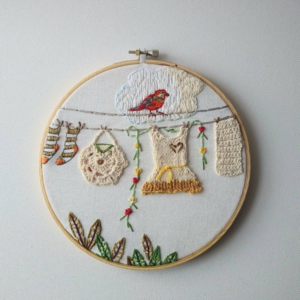 Hoop art, decor, Bijoux tricot, poetry, clothesline, laundry, kids room, Valentine, fairytale, baby girl, embroidery, girls'clothing, art