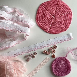 kit de couture, accessoires de couture, rubans vintage, rose, boutons, couture, mercerie, ruban dentelle, accessoires de couture, cadeau