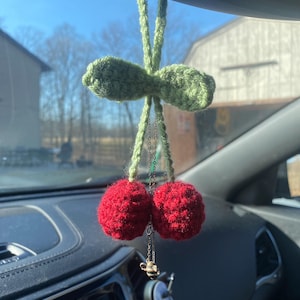 Kawaii Crochet Car Charm – Cherry Car Decor | Cute Car Accessories | Handmade Car Hanger Gift