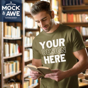 Military Green T-Shirt Mockup | Bella Canvas 3001 Mockup | Chill Library Vibe | BC3001 Military Green Shirt | Male Model