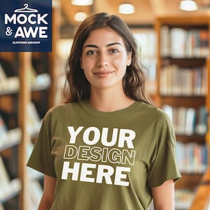 Military Green T-Shirt Mockup | Bella Canvas 3001 Mockup | Chill Library Vibe | BC3001 Military Green Shirt | Female Model